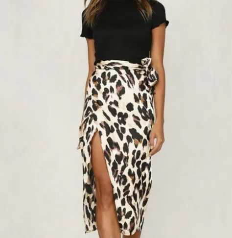 Ladies Fashion Striped Lace Up Ruffle Skirt Leopard Grain - Shop at LoveMi