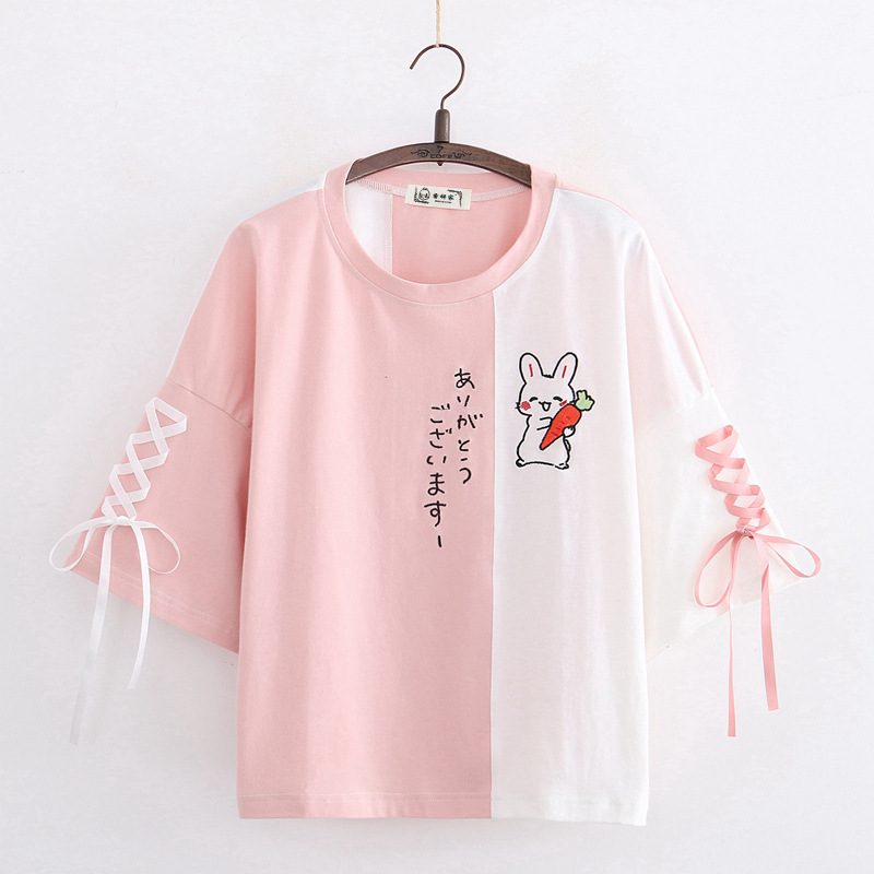 Title 1, Cute Rabbit Embroidered Five-point Sleeve T-shirt