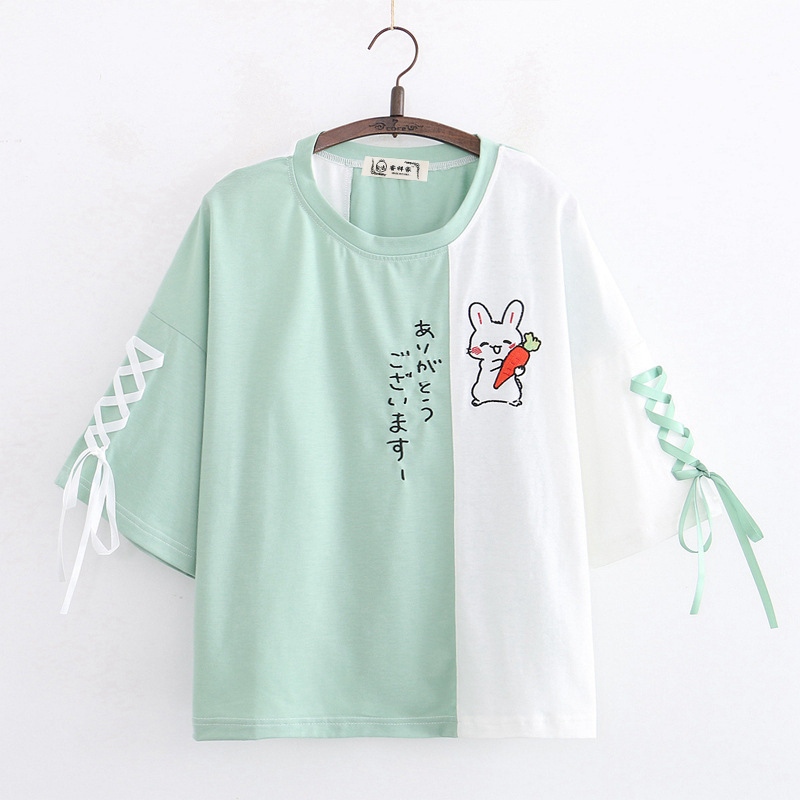 Title 3, Cute Rabbit Embroidered Five-point Sleeve T-shirt