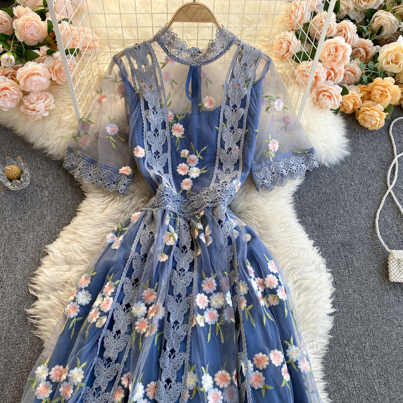 Mesh Embroidery Round-Neck Dress