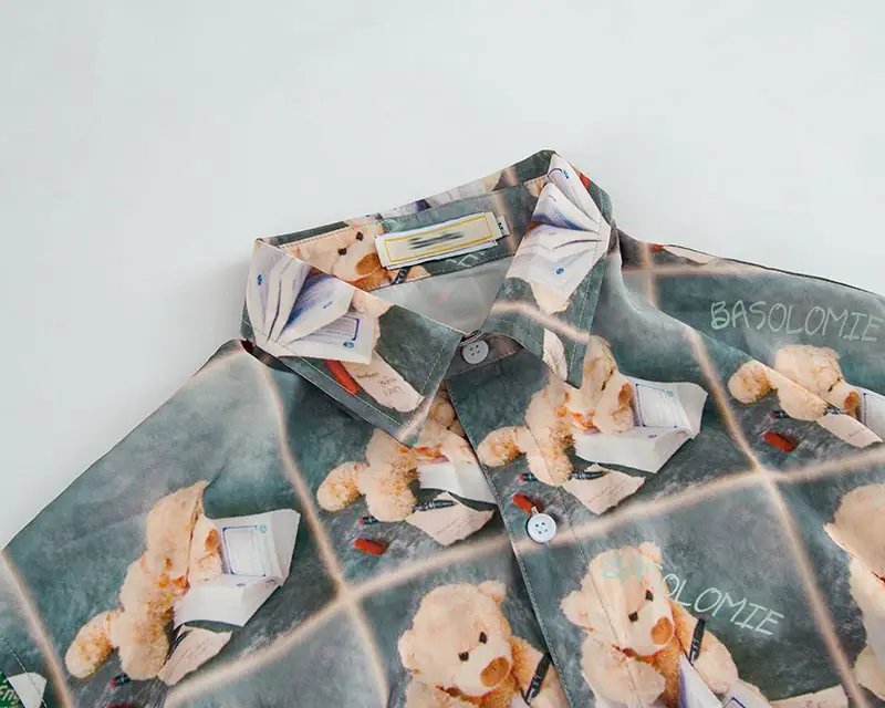 Summer American Retro Bear Print Shirt Men'S And Women'S Short-Sleeved Hawaii