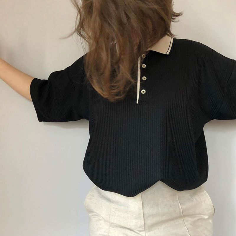 New American Retro Black Stitching Polo Collar Knit Short Sleeves