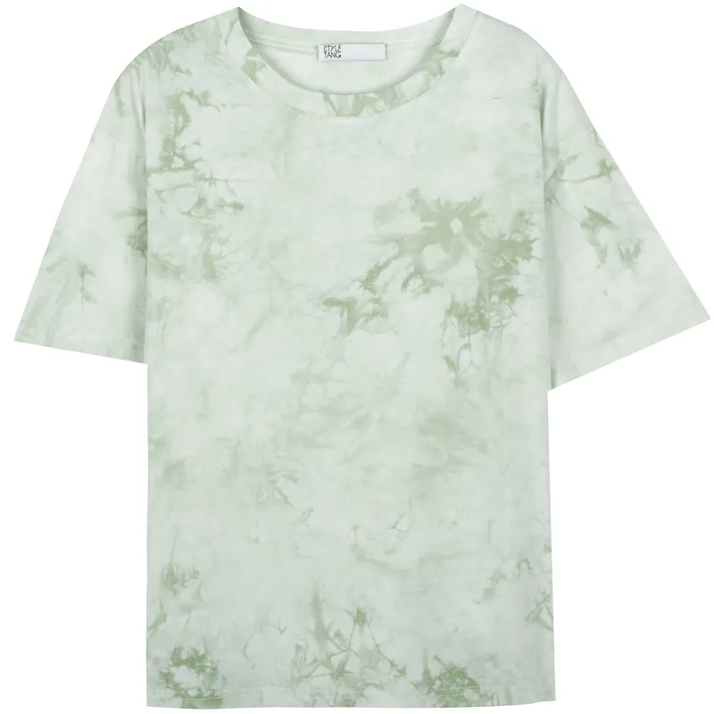 American Retro Green Tie-dye Short-sleeved T-shirt Women's Fashion Ins Niche Design Top Hair Two - Matcha Green