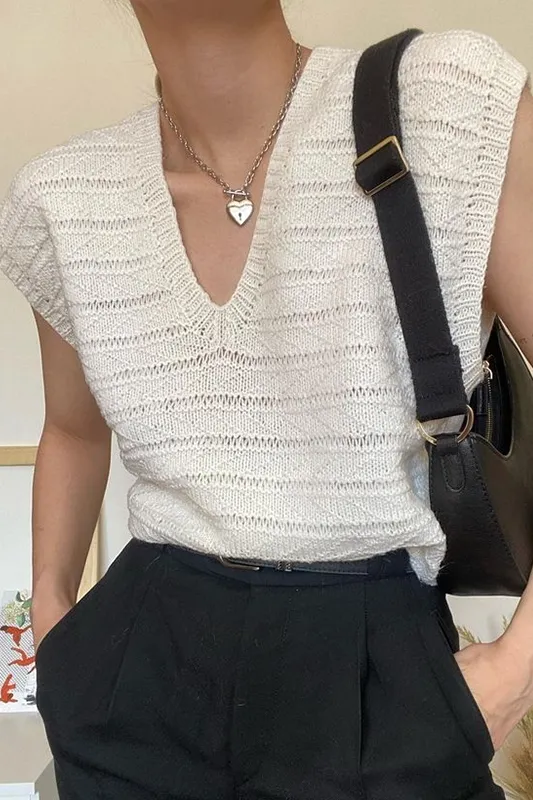 Retro White V neck Thin Knitted Vest Women Ins Summer Wear All match White - Shop at LoveMi