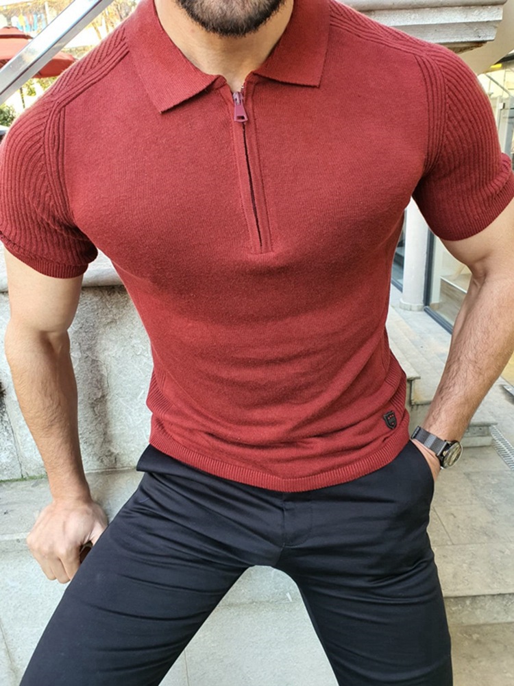 Lapel Short Sleeve Shirt Solid Color Slim Knit Top