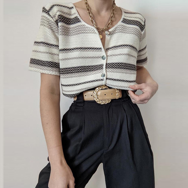 Retro Beige Striped Short-Sleeved T-Shirt