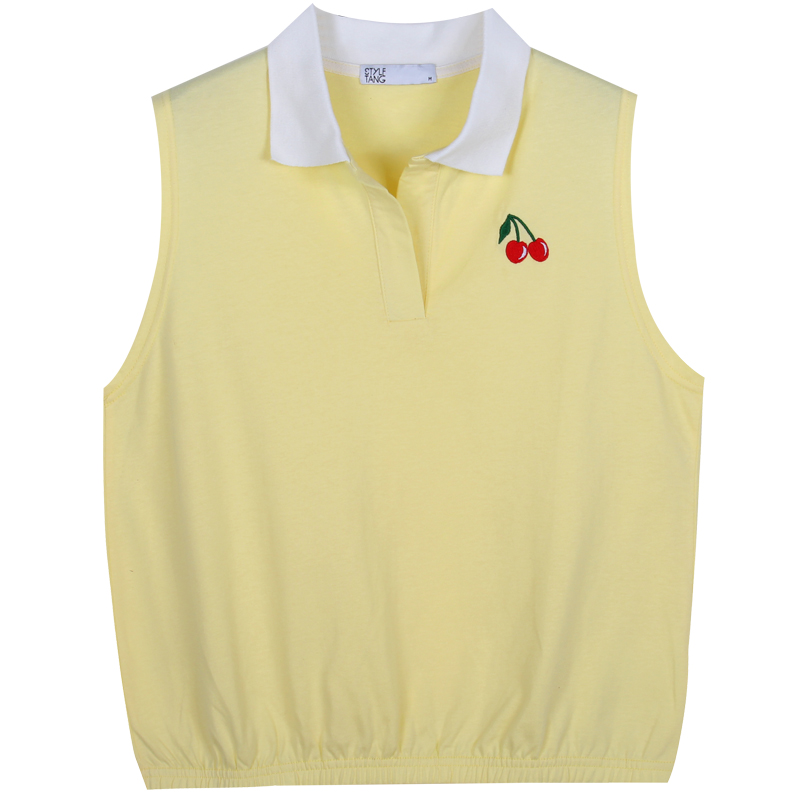 American Vintage Cream-colored Cherry Embroidered Polo Collar T-shirt