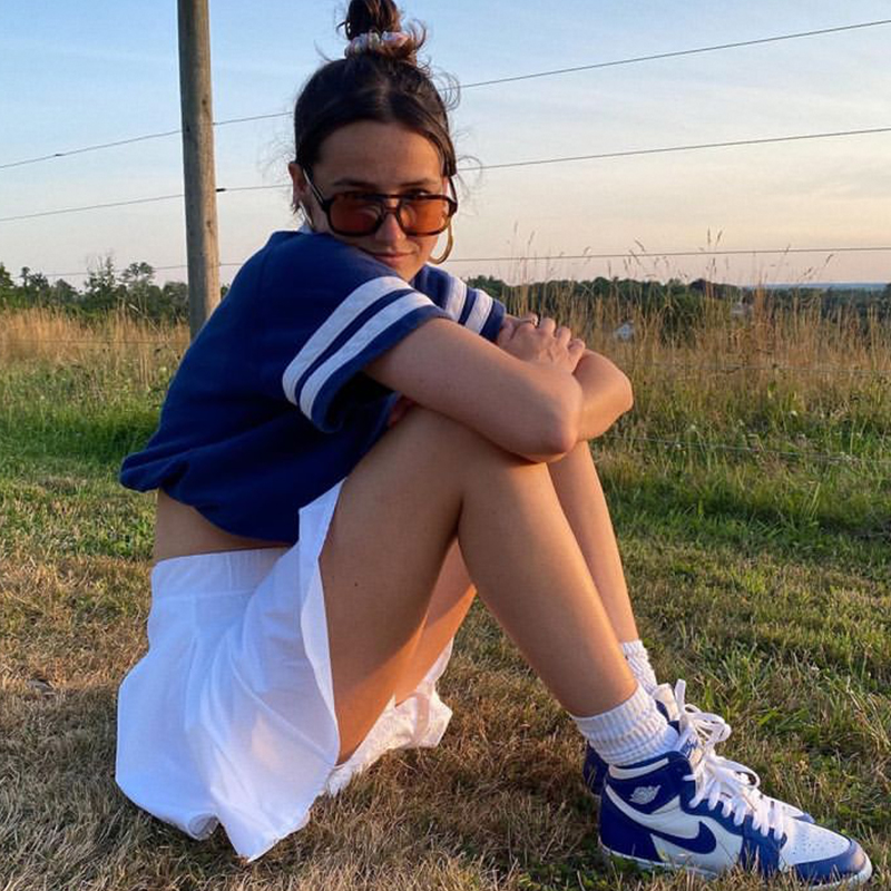 New American Retro Navy Polo Neck Short Sleeve T-shirt For Women In 