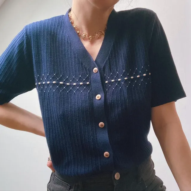 Retro Navy Blue V neck Knitted Short sleeved Top Women's T shirt Blue - Shop at LoveMi