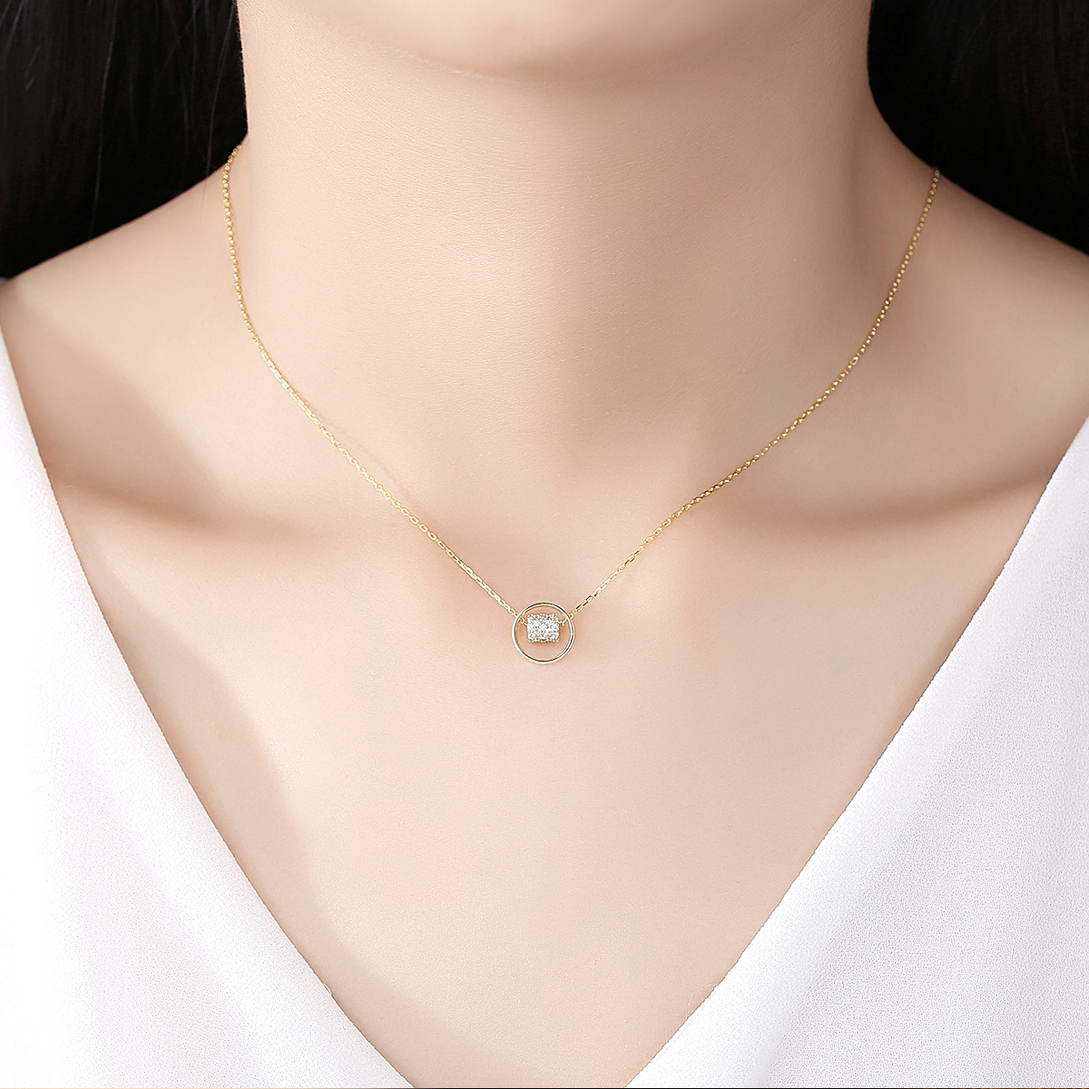 Sterling Silver Pendant Necklace Women Zircon Double Ring Pendant Necklace 18K Gold Plated