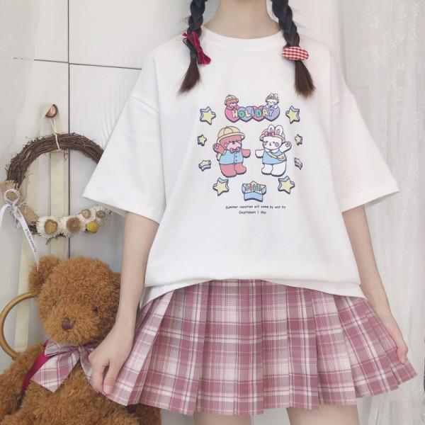 The New Japanese Soft Girl Cute Loose Blouse Pullover Round Neck All-Match Short Sleeves