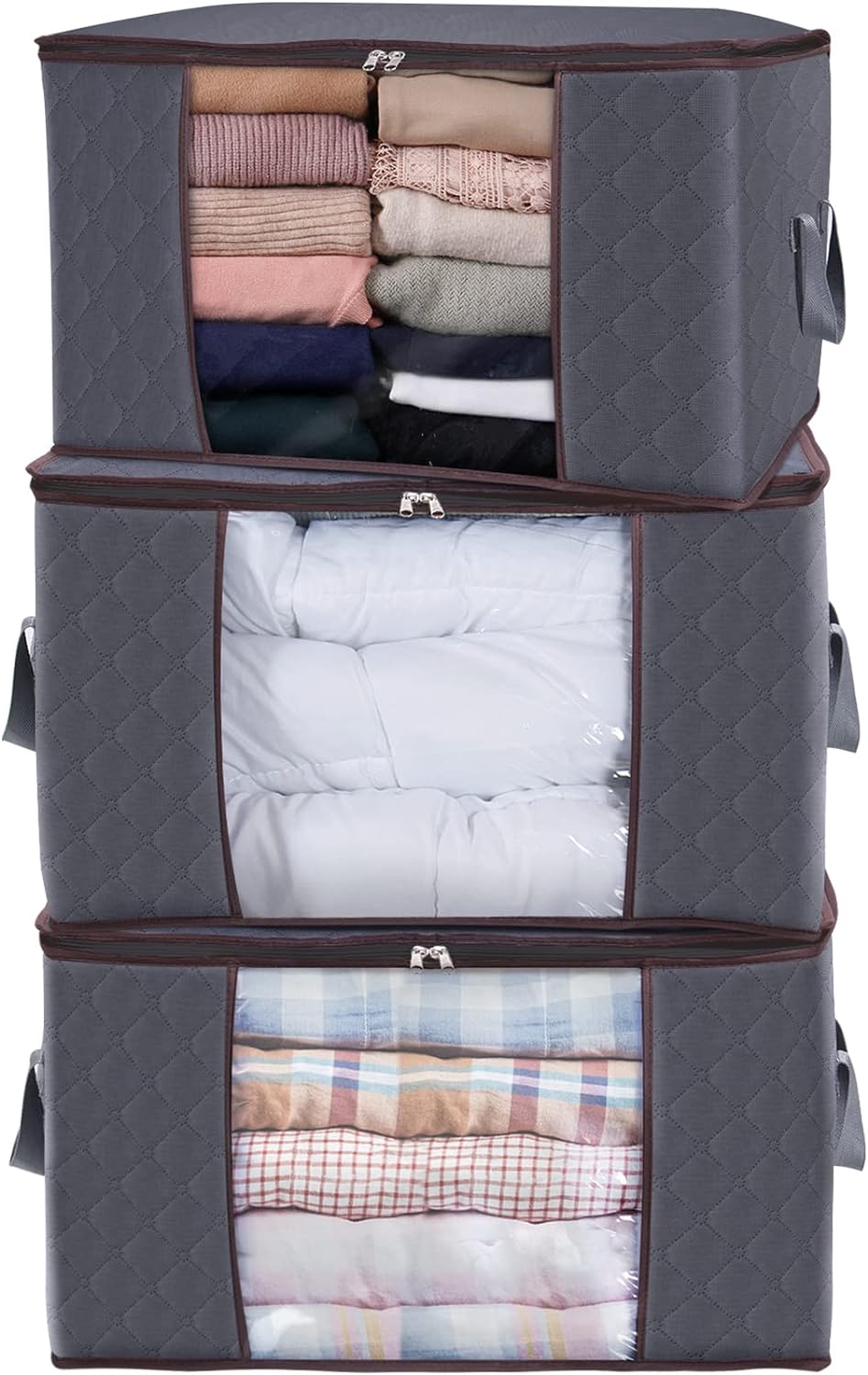 Clothing Storage Bag Set, 90L, Gray. Large Capacity Clothes Storage Bag Organizer with Reinforced Handle Thick Fabric for Comforters, Blankets, Bedding, Foldable with Sturdy Zipper, Clear Window, 3 Pack, 90L, Grey non-woven fabric + PVC. Reinforced Handle