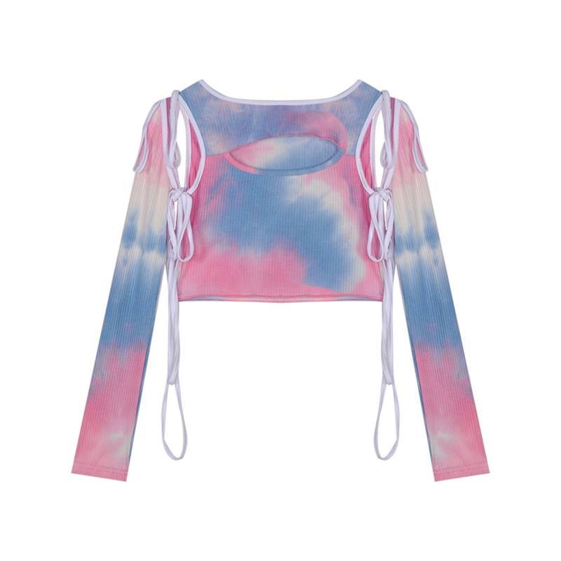 Title 1, Irregular Long-Sleeved Short Tie-Dye T-Shirt Fe...