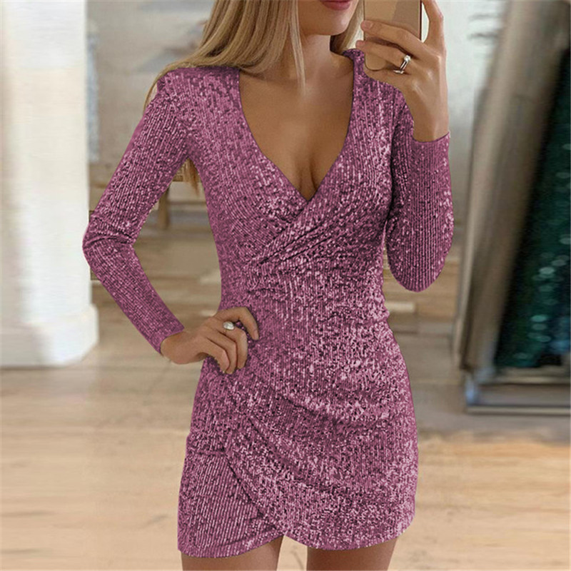 Women's Sequin V-Neck Long Sleeve Dress - Image 2 of 13