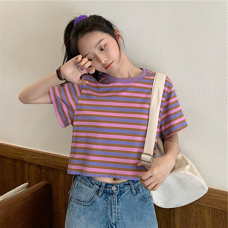 New Hyuna Style Sareful Machine Striped Loose Short Ins Super Fire Short-sleeved T-shirt Top Women
