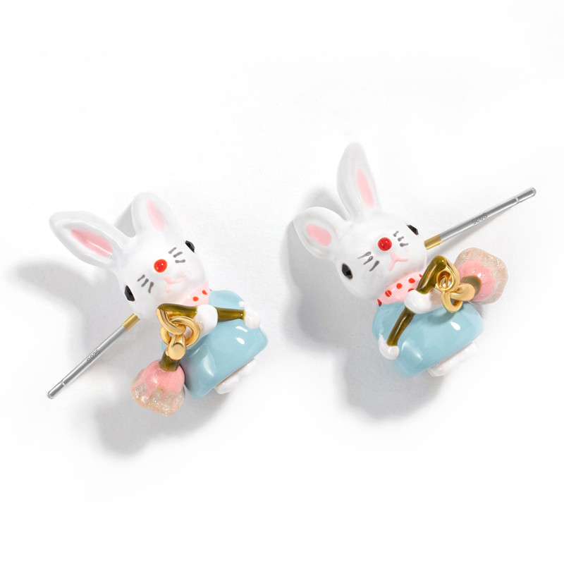Cute Rabbit Lily Of The Valley Flower Earrings Ladies Girl Mori Series Enamel Earrings