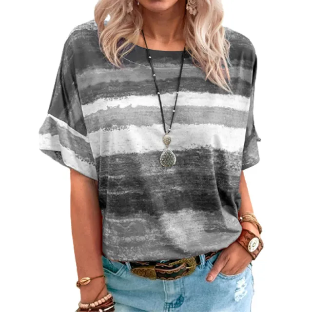 Gradient Contrast Striped Round Neck Short sleeved T shirt Grey - Shop at LoveMi