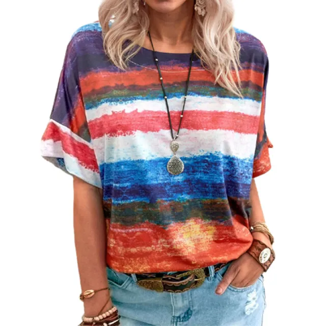 Gradient Contrast Striped Round Neck Short sleeved T shirt Red - Shop at LoveMi