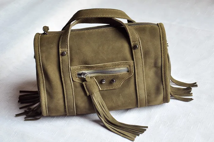 European And American Retro Tassel Locomotive Bag Original Personality Single Shoulder Messenger Ladies Leather Bag Boston Cylinder Bag - Khaki