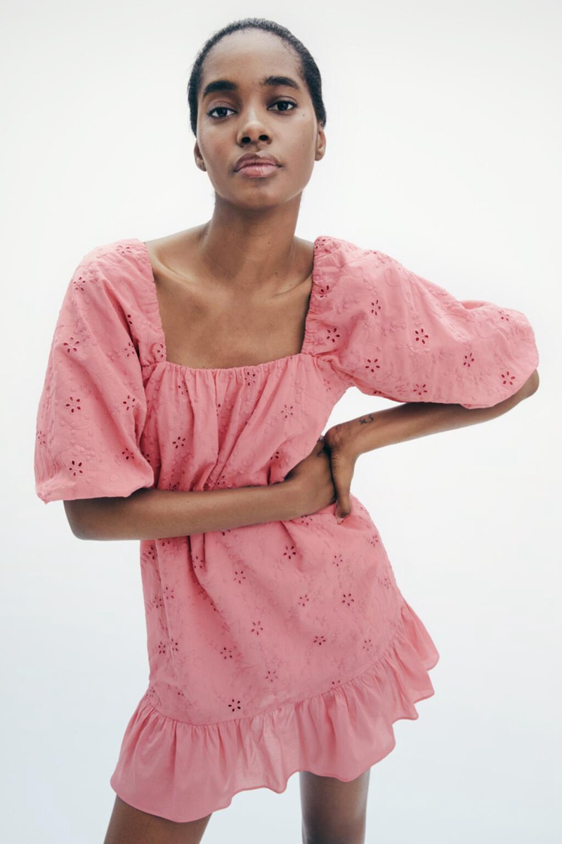 European And American Women's Spring And Summer New Girly Style Short-sleeved Square-neck Hollow Embroidery Dress