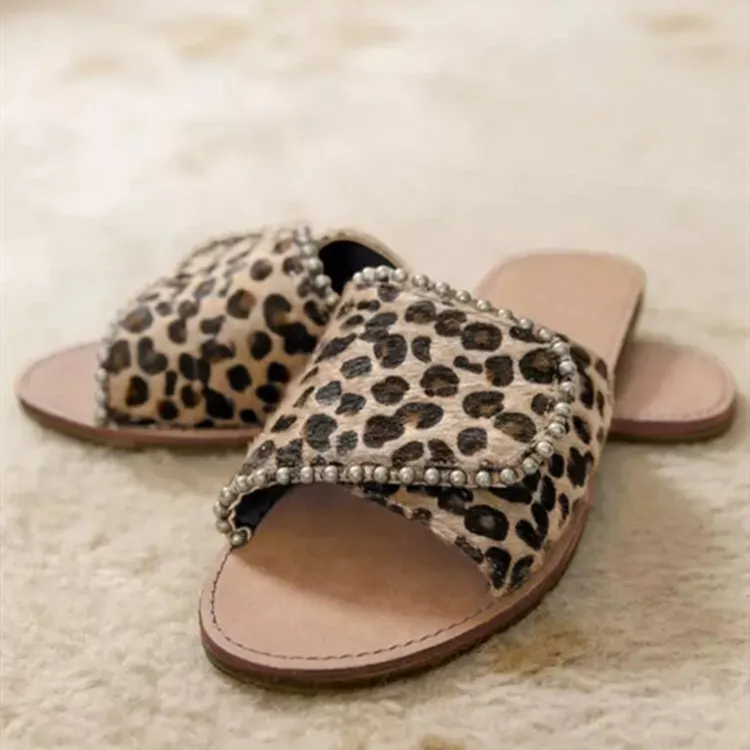 Studded Flat Sandals Leopard Print Plus Size Slippers - Beige