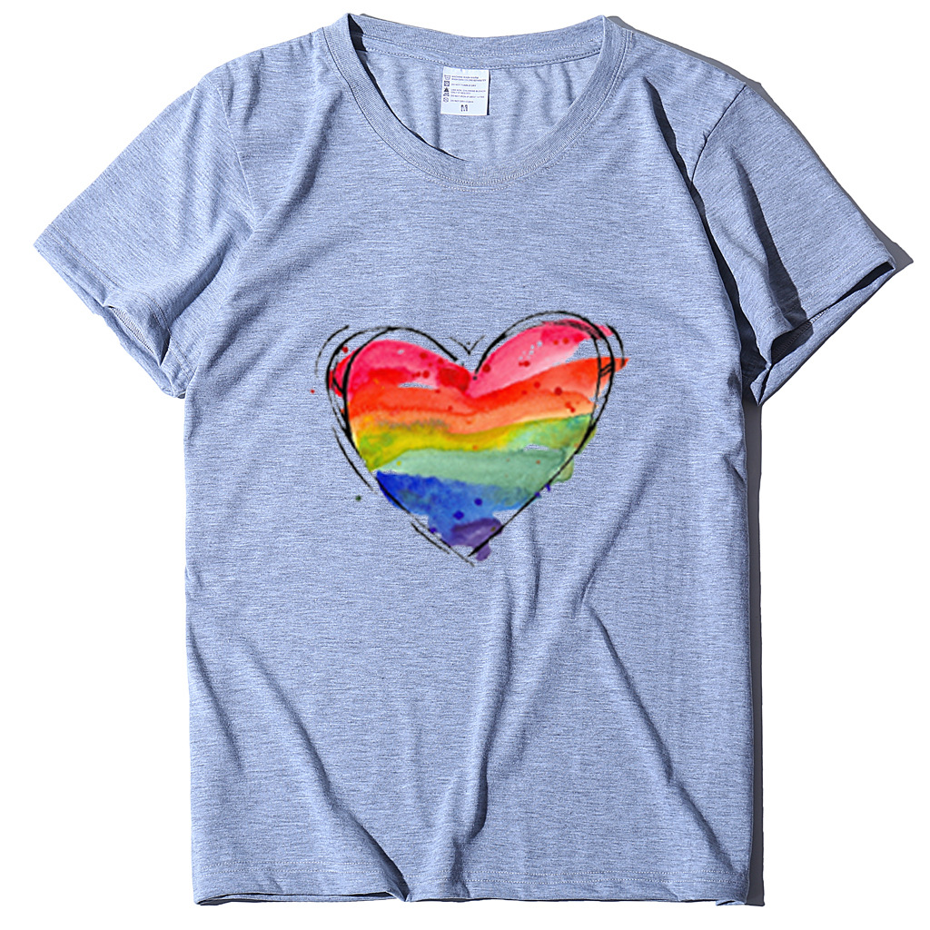 Color Love Print Round Neck Pullover Short Sleeve T-shirt