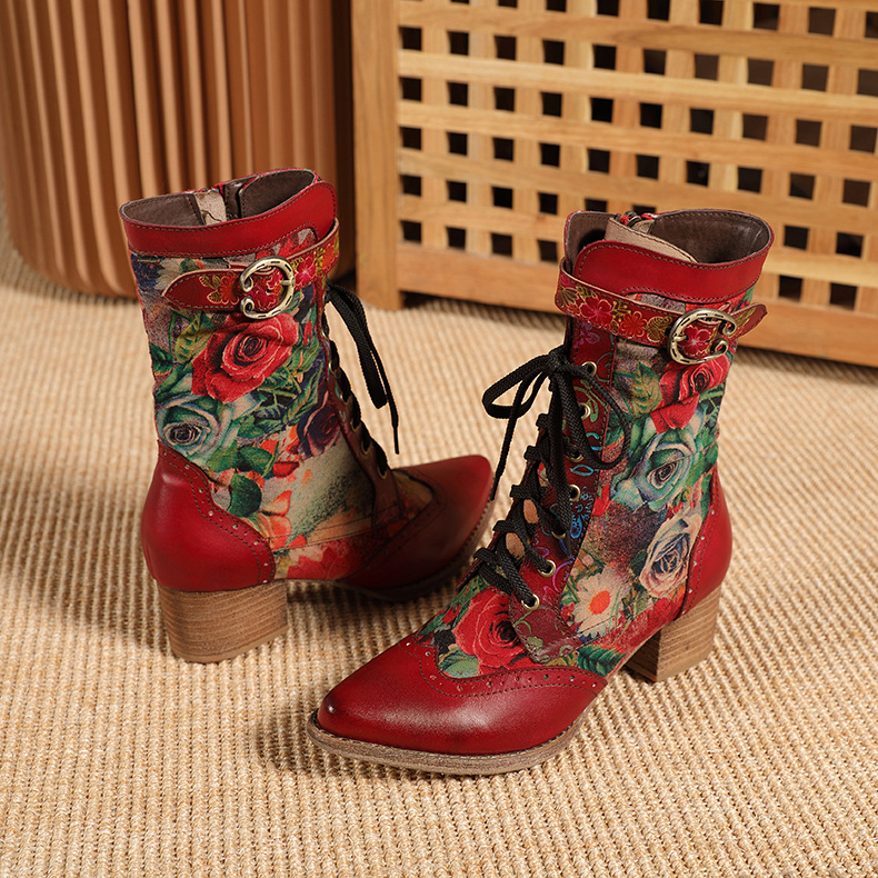 Autumn And Winter New Pointed Middle Heel Boots Retro Red Women'S Shoes