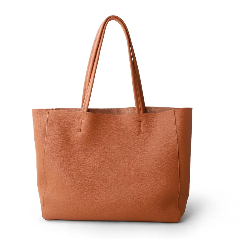 The First Layer Of Cowhide Large-capacity Tote Bag Cowhide Simple Soft Leather - Caramel Colour-Horizontal
