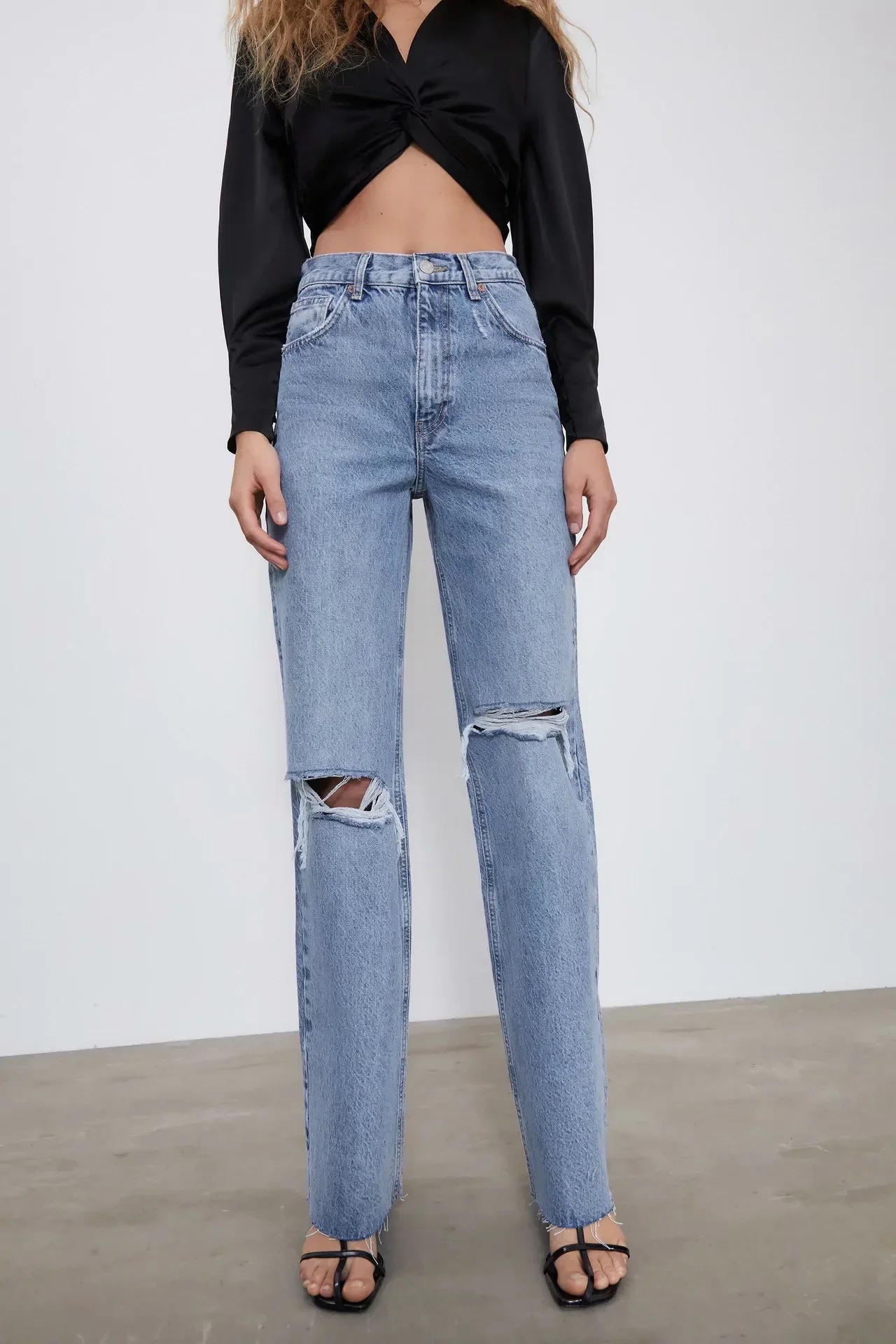 Title 6, Womens thin wide-leg jeans with ripped raw edg...