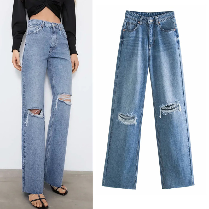 Title 2, Womens thin wide-leg jeans with ripped raw edg...