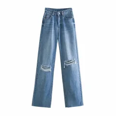 Wide-Leg Jeans With Ripped Raw Edges, Women'S Thin - Blue - View 1