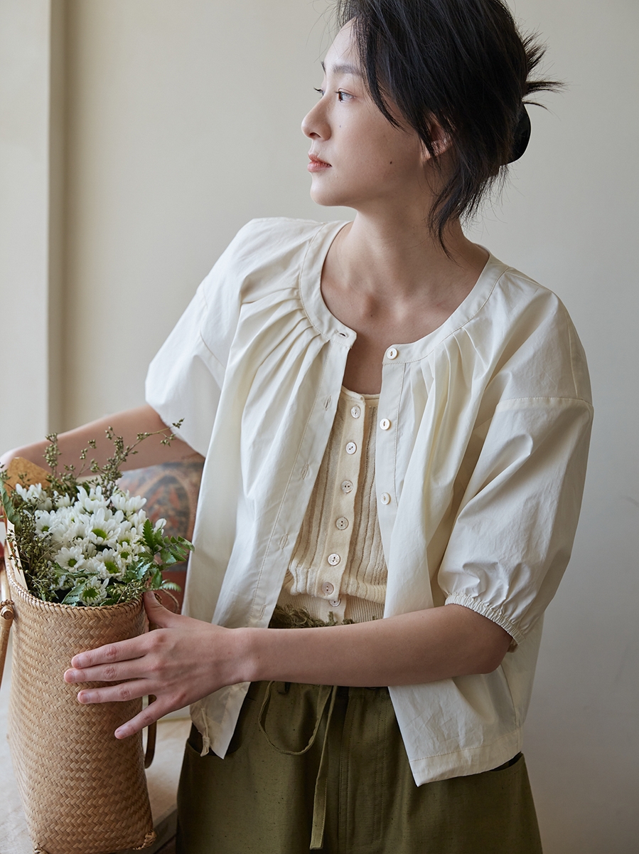 Round Neck Cardigan Bubble Short-Sleeved Drop-Shoulder Drawstring Shirt