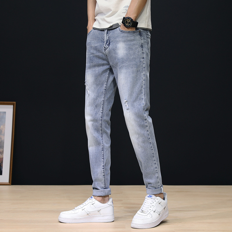 Jeans Men'S Feet Pants Pants Men'S Summer Mid-Waist Stretch Pants Korean Style Trend Hole Slimming Thin Feet Pants Light-Colored Wholesale