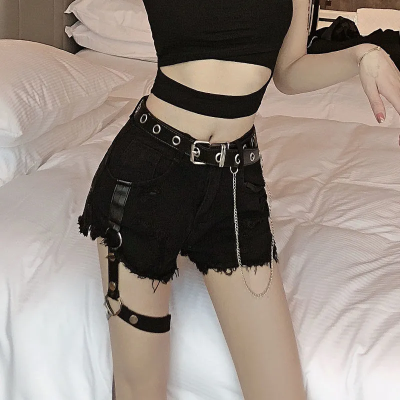 Europe and the United States explosion models sexy high waist hole wide leg was thin torn shorts - Black
