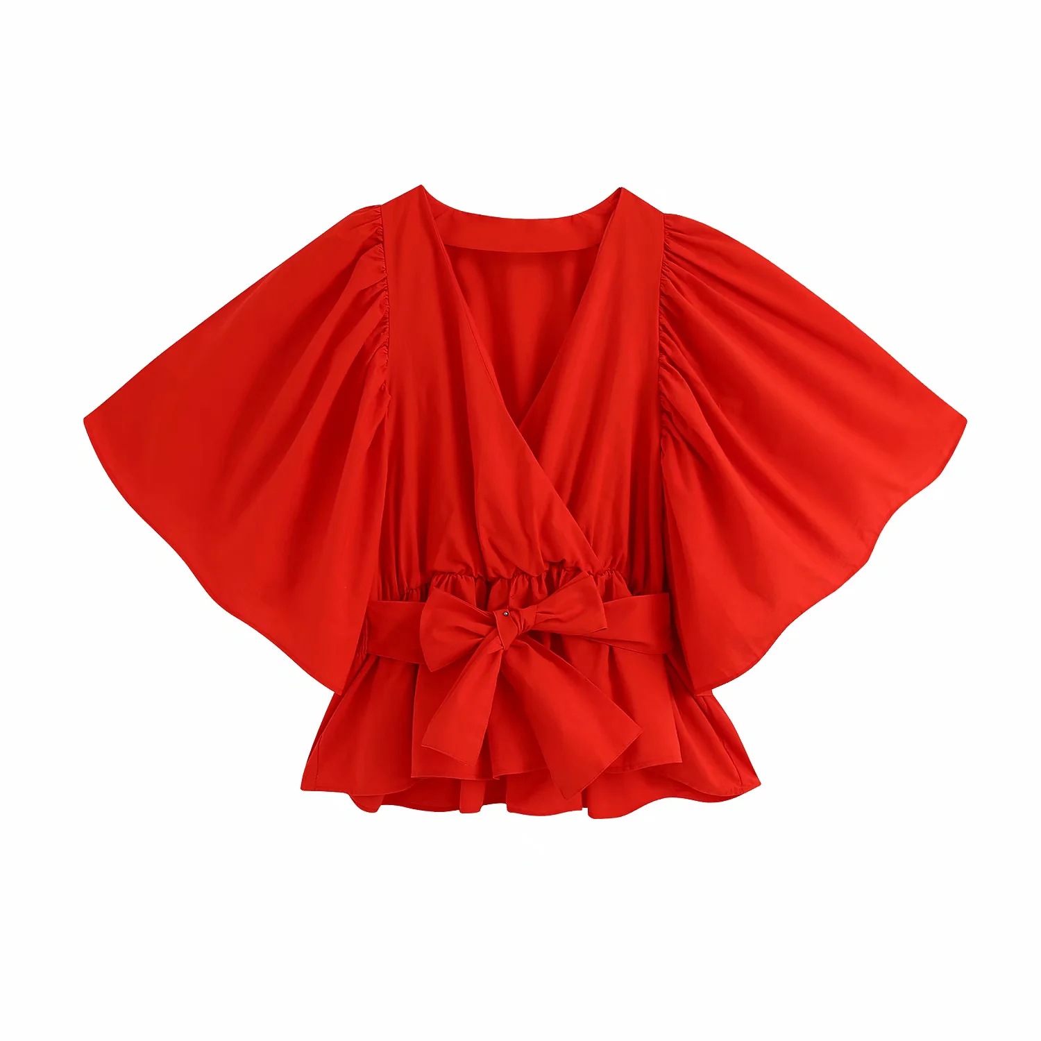 Red V-neck Blouse With Big Flared Sleeve Knot