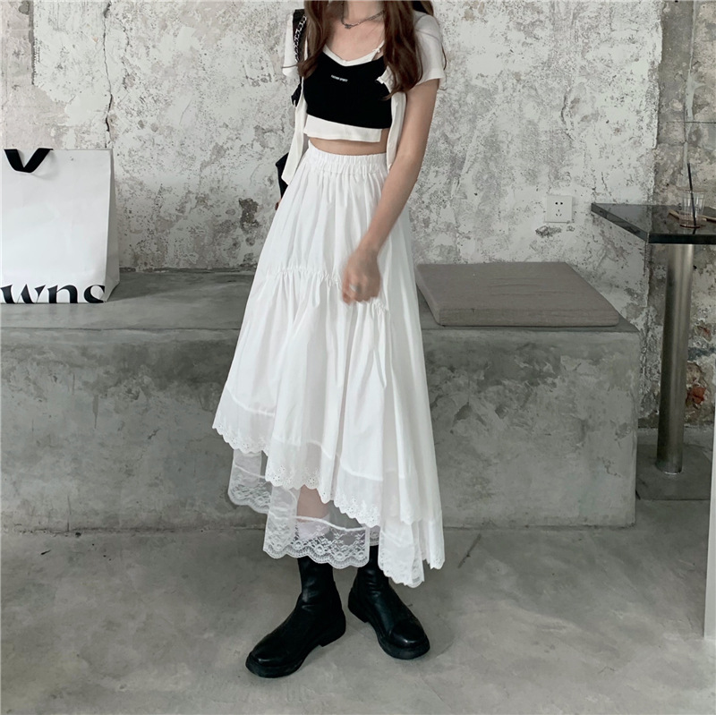 Women'S White Skirt With Lace Stitching Pleated High Waist Irregular A-Line Skirt