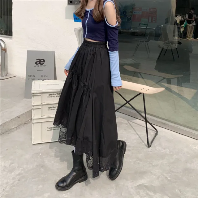 Women'S White Skirt With Lace Stitching Pleated High Waist Irregular A Line Skirt Black - Shop at LoveMi