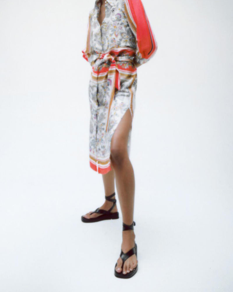 European And American Spring New Print With Belt Long Sleeve Lapel Retro Print Shirt Dress