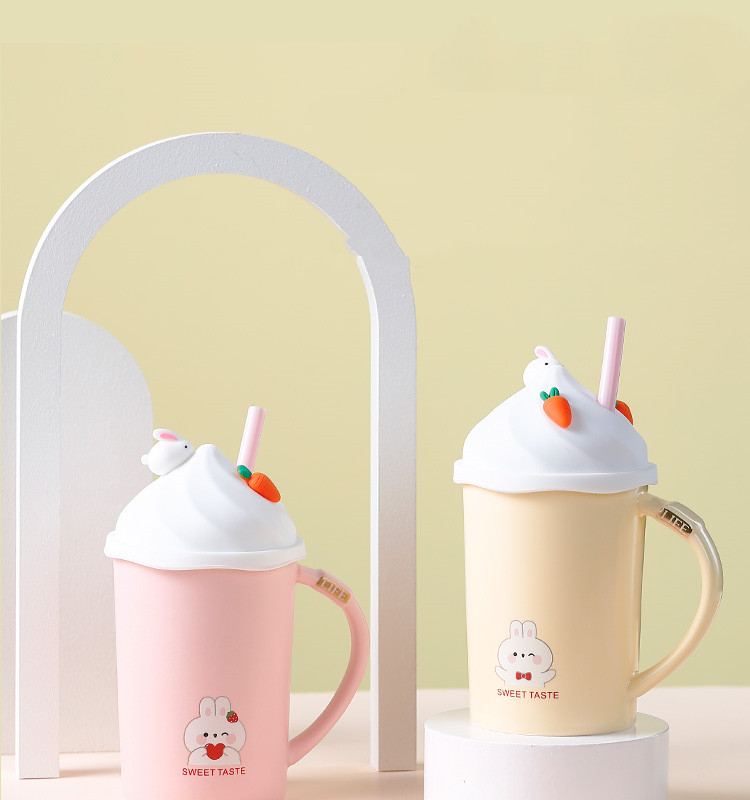 High-Value Straw Cup Girls Large-Capacity Water Cup Korean Cup Ceramic Cute Summer Mug With Lid Students