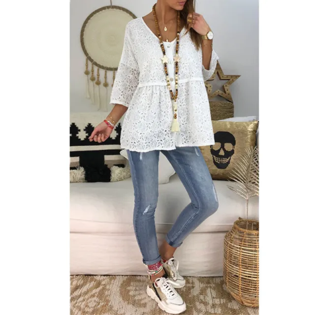 Plus Size Women's Solid Color Lace Top T shirt White - Shop at LoveMi