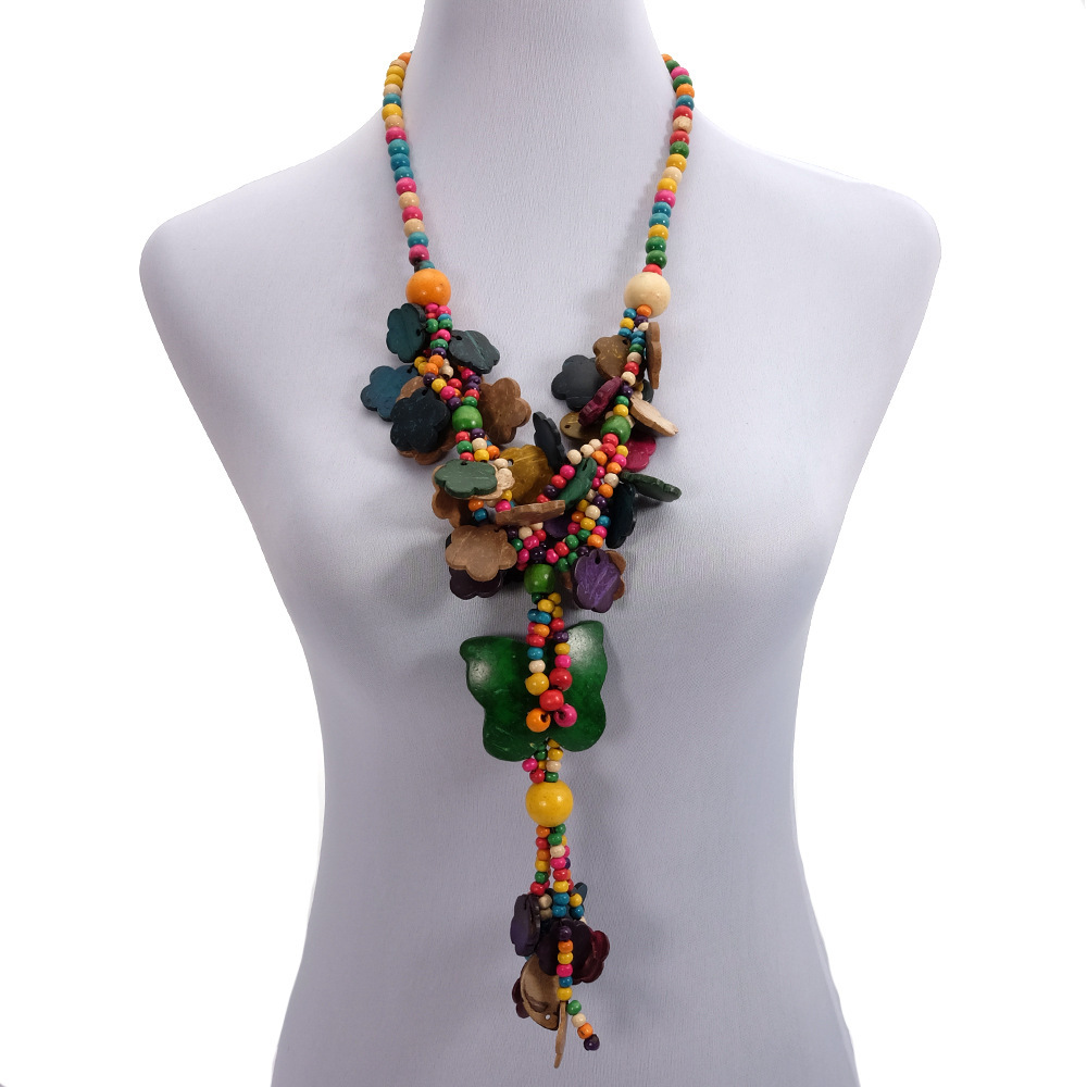Floral Multi-Layer Colorful Coconut Shell Wood Bead Vintage Necklace