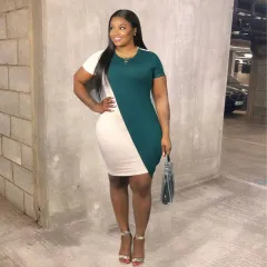 Lovely Plus Size Casual O Neck Color-lump Green Mini Dress - Green - View 1