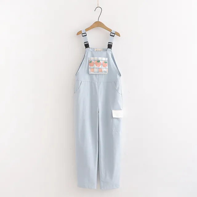 Harajuku Kawaii Strap Pants Women Sweet Plaid Strawberry Blue - Shop at LoveMi