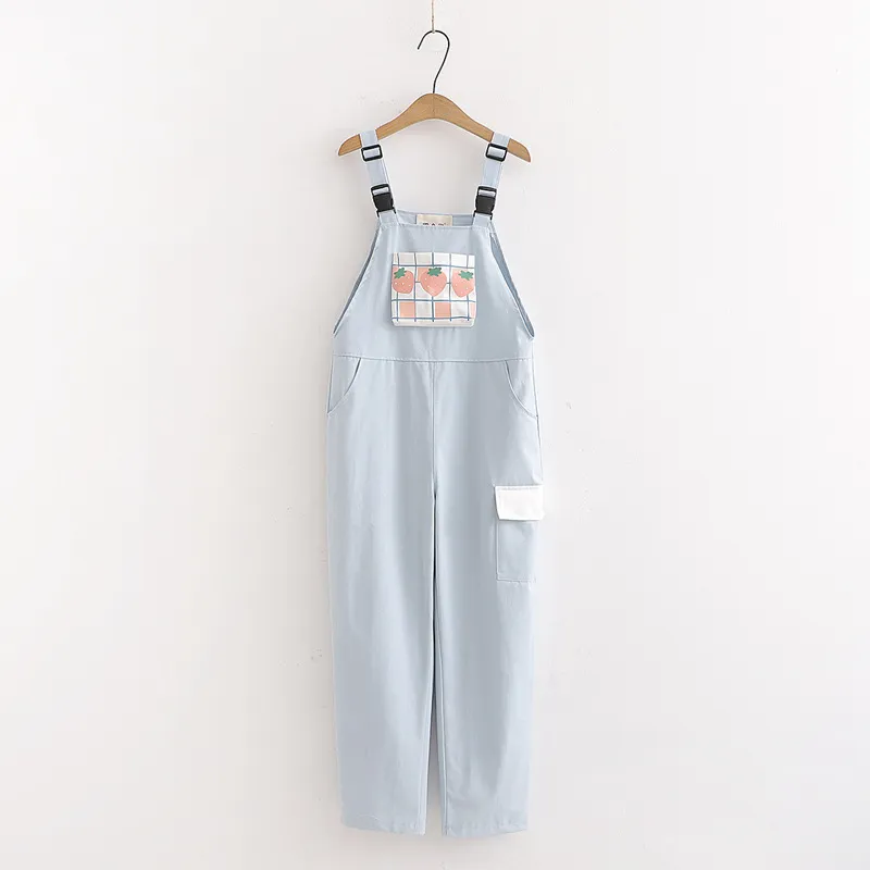 Harajuku Kawaii Strap Pants Women Sweet Plaid Strawberry - Blue