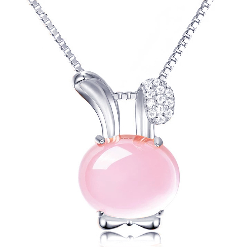 Pure Silver Rabbit Ears Natural Hibiscus Stone Necklace