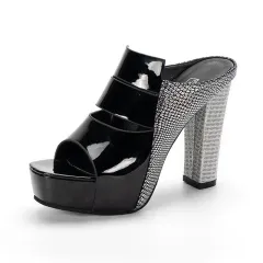 Fish Mouth Thick Heels Wear High-heeled Slippers - Black - View 1