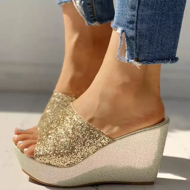 Flat Wedge Sandals With Fish Mouth Women's Summer Sequined Sandals Women Gold - Shop at LoveMi