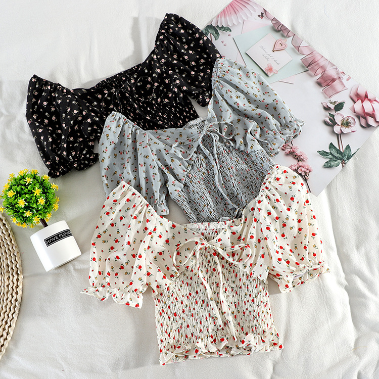 Broken Flower Word Collar Waist Bubble Sleeve