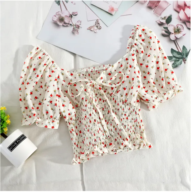Broken Flower Word Collar Waist Bubble Sleeve Apricot - Shop at LoveMi
