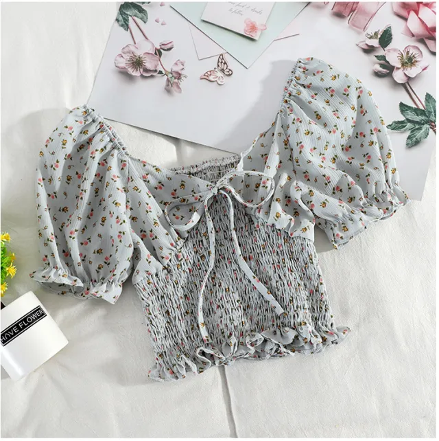 Broken Flower Word Collar Waist Bubble Sleeve Blue - Shop at LoveMi